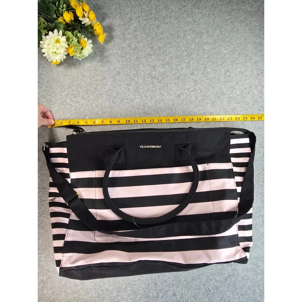 Victoria Secret Tote Bag Womens Pink Black Striped Weekender Large NWOT